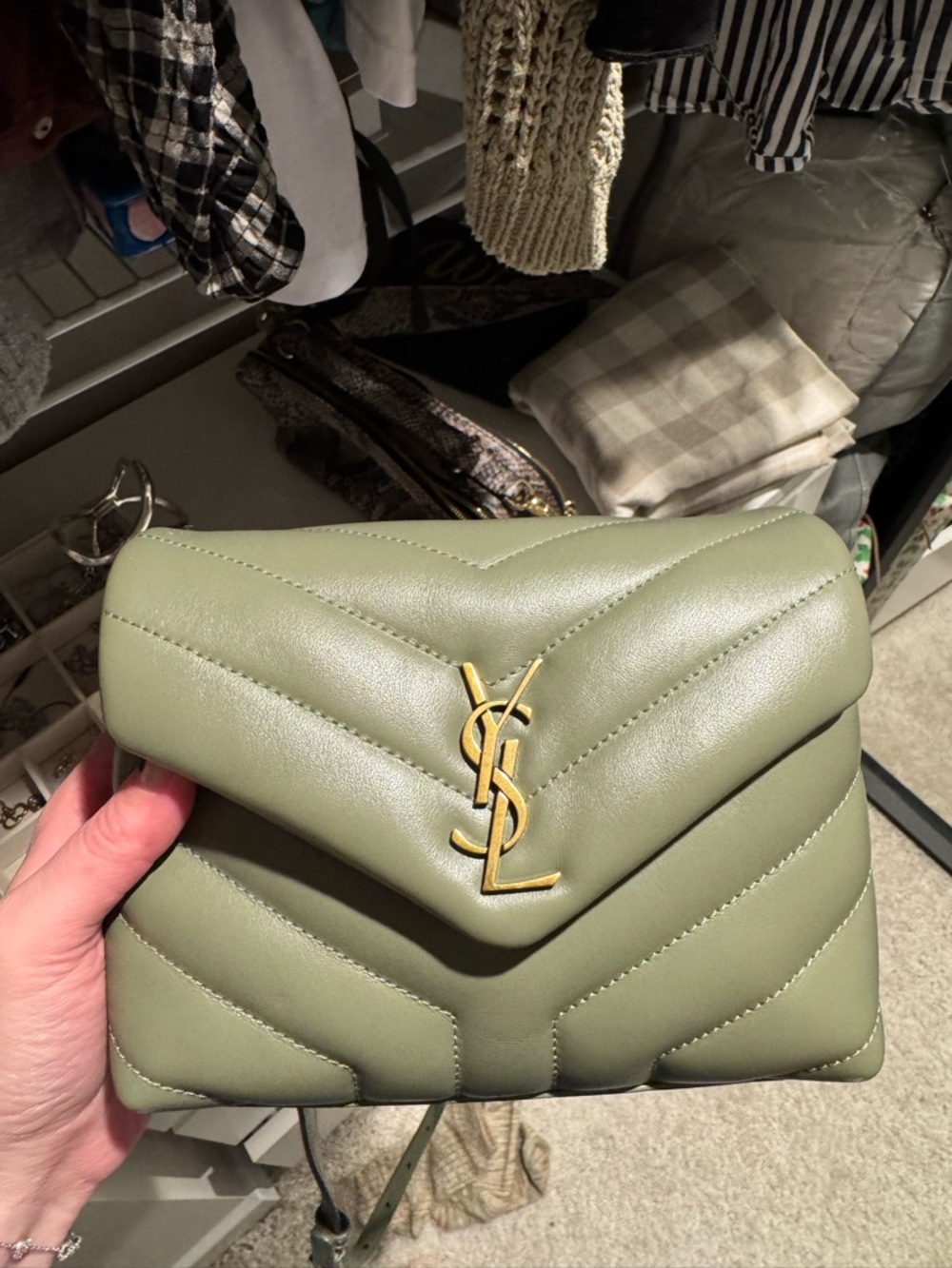 Saint Laurent Small Quilted Crossbody Bag in Sage Green with Gold Hardware